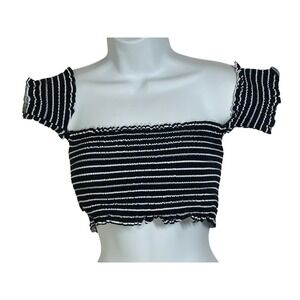 Black White Stripe Smocked Crop Top Off Shoulder Lace Up Back vamp goth frunge